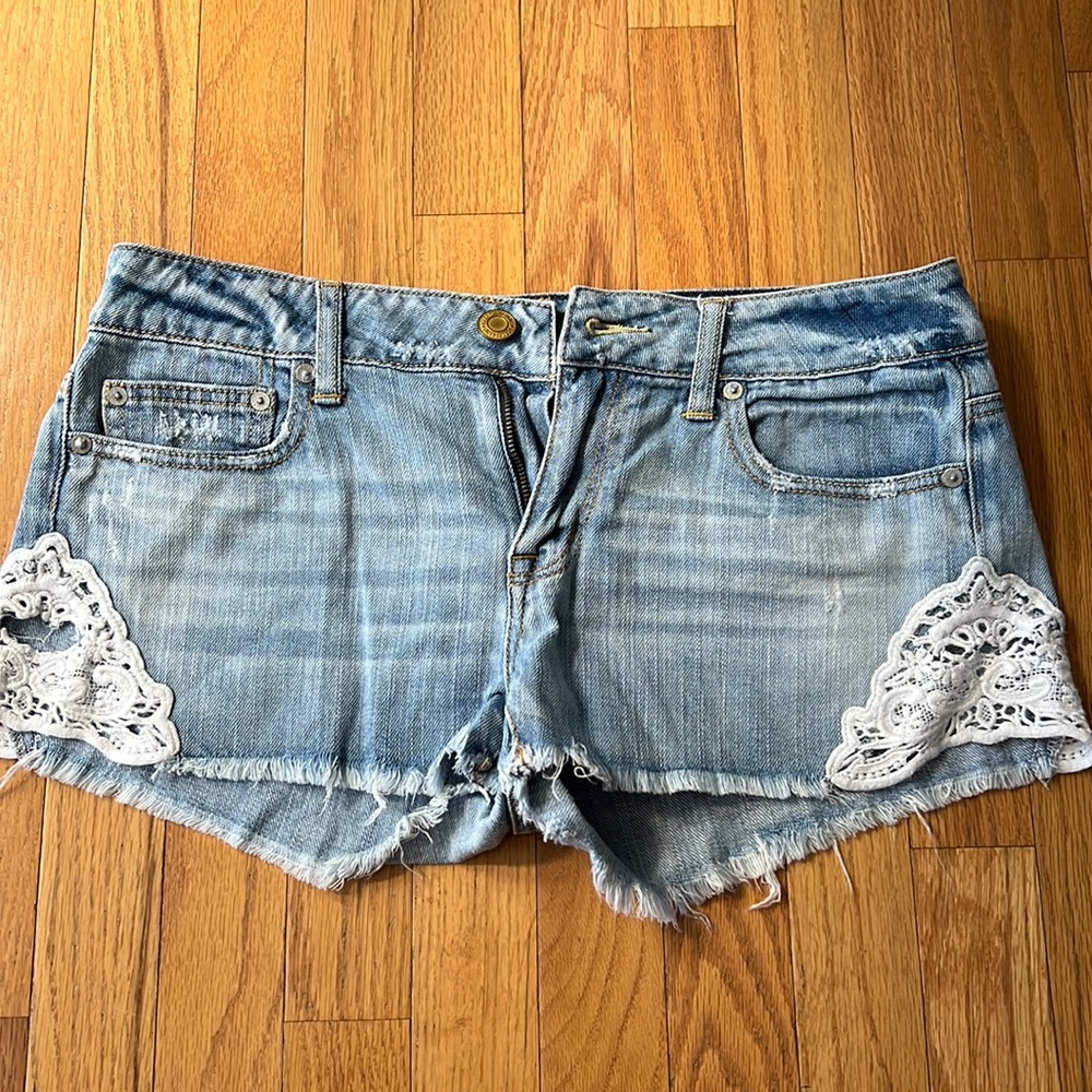 American Eagle Denim and Lace Distressed Shorts